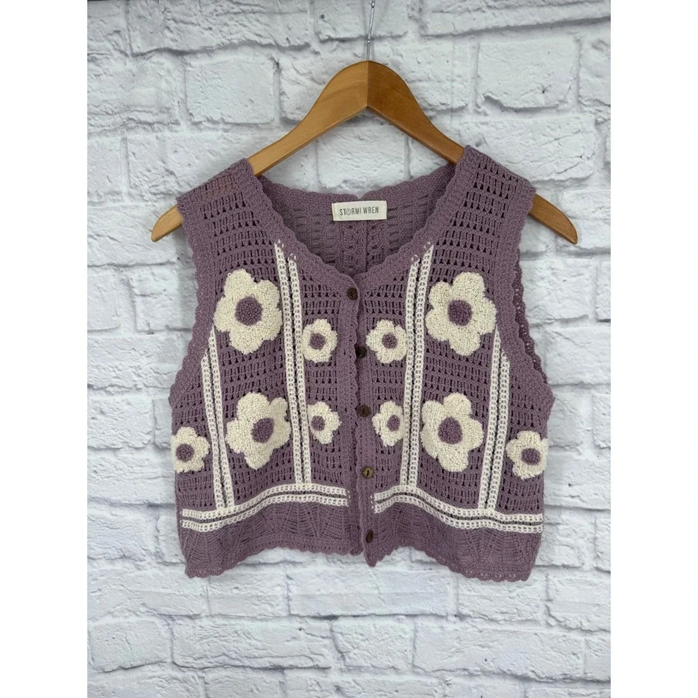 Stormi Wren Crochet Floral Sweater Vest Lavender Boho Cottagecore Button Front S